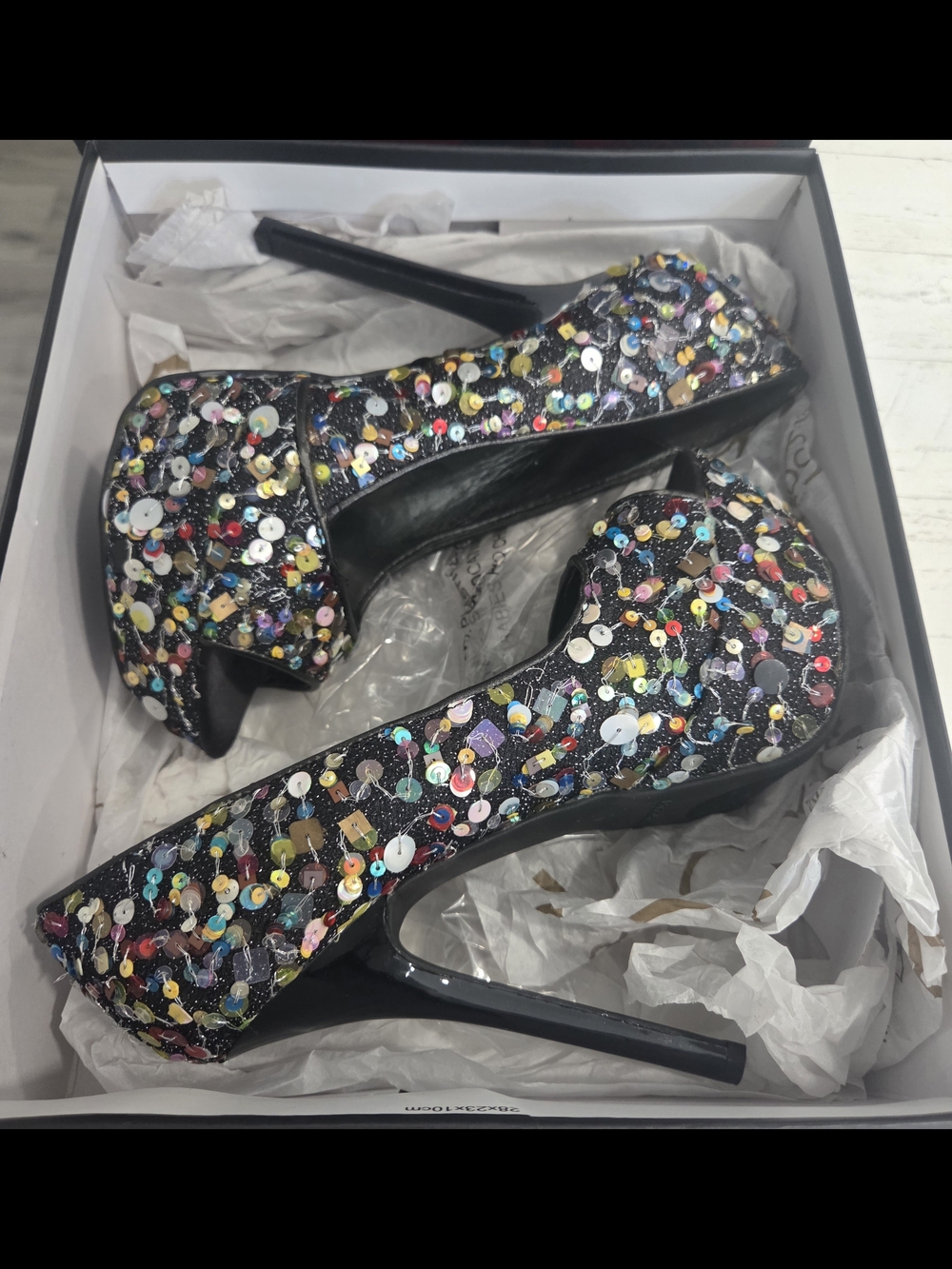 Carlos Santana black multi-colored sequin peep-toe platform heels